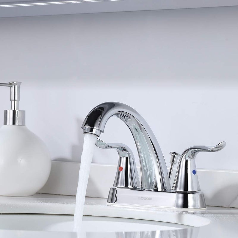 WOWOW Bathroom Faucet 2 Handle 4 Inch Centerset Bathroom Sink Faucet Lead-Free Basin Mixer Tap Lift Rod Drain Stopper, Two-Handle Center-Set Lavatory Faucet Chrome - Image 2